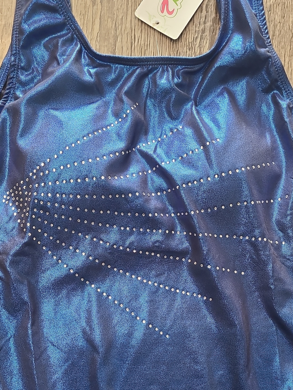 Shiny Metallic Royal Blue Sleeveless Leotard with Crystal Burst - Picture 3 of 4
